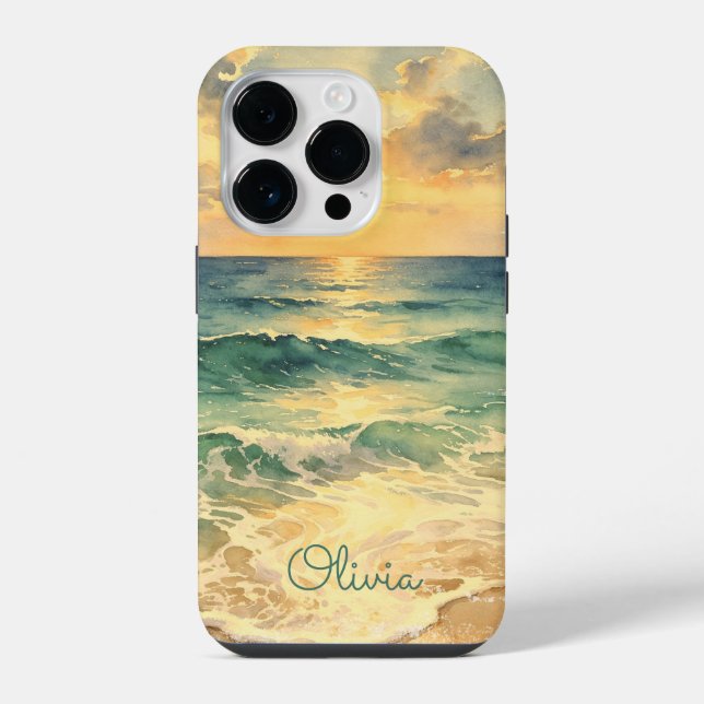 Coque iPhone Aesthetic Beach Sunset Watercolor Custom Name (Verso)