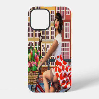 Coque iPhone 12 Affiche d'Amsterdam : Pin-Up Girl à vélo.