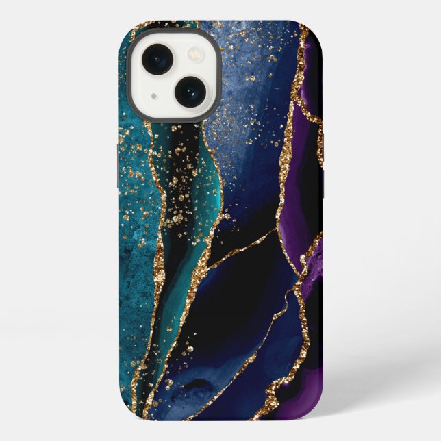 Coque iPhone Agate bleu/sarcelle/violet avec veines de paillett (Verso)
