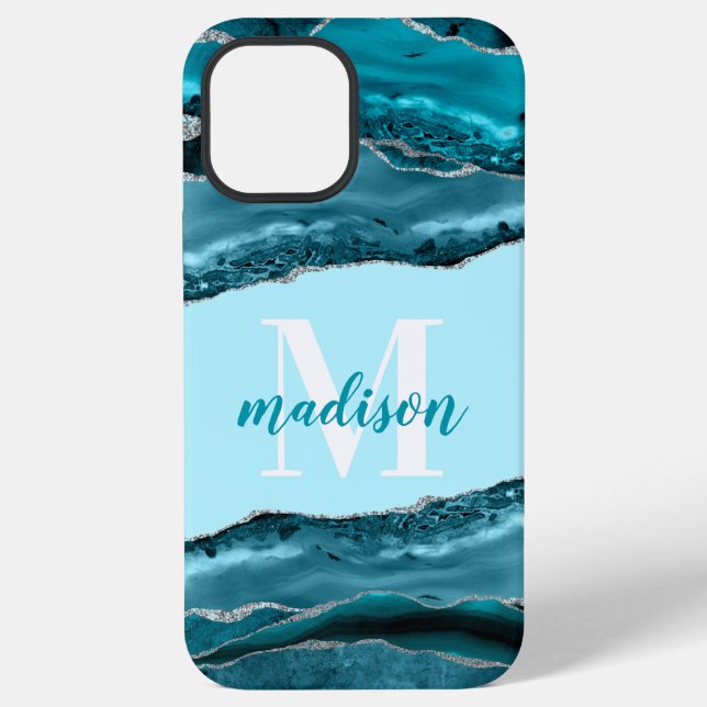 Coque iPhone Agate Bleu Turquoise avec Monogramme Paillettes d' (Verso)