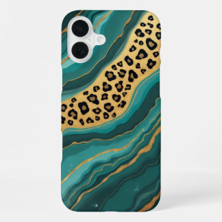 Coque iPhone 16 Plus Agate de léopard turquoise et d'or