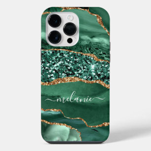 Coque Pour Pour iPhone 14 Pro Max Agate Green Gold Parties scintillant Marbre Nom pe