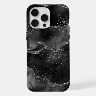 Coque iPhone 15 Pro Max Agate Lunatique Argent Noir de l'Onyx Paillettes