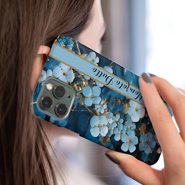 Coque iPhone Agate Monogramme Veines Or Bleu (Créateur téléchargé)