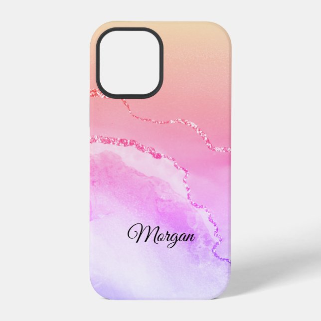 Coque iPhone Agate rose, violet et jaune, nom en script noir DI (Verso)
