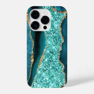 Coque Pour iPhone 14 Plus Agate Turquoise Blue Gold Parties scintillant Marb