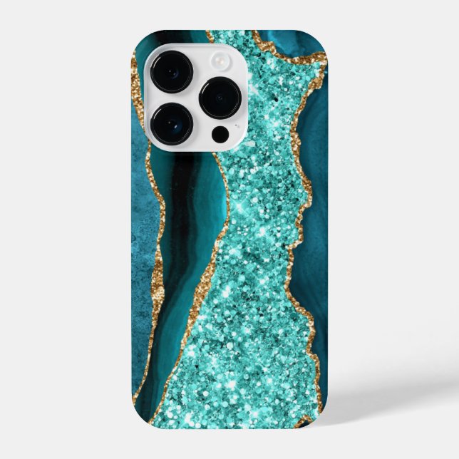 Coque iPhone Agate Turquoise Blue Gold Parties scintillant Marb (Verso)