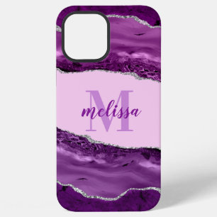 Coque iPhone 12 Pro Max Agate Violette avec Monogramme Pailleté Argent