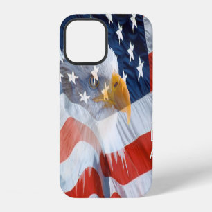 Coque iPhone 12 Aigle américain à monogramme patriotique Drapeau a