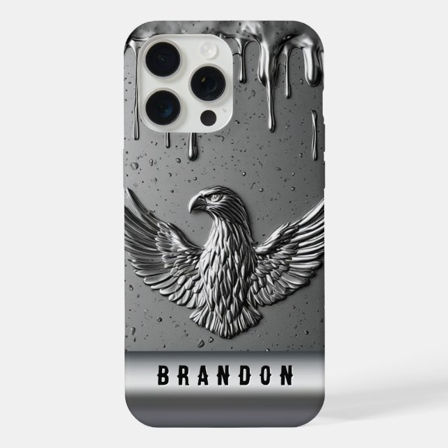Coque iPhone 💛 Aigle doré fluide Nom personnalisé Métal liquid (Verso)