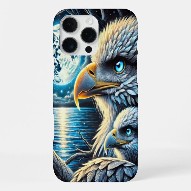 Coque iPhone Aigle perché sous une lune bleue étoilée (Verso)