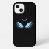 Ailes d'ange lumineuses bleues sur fond noir