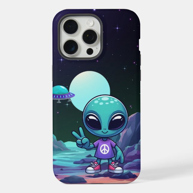 Coque iPhone Alien de paix mignon et vaisseau spatial (Verso)