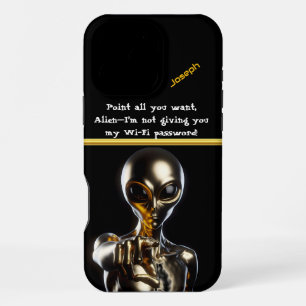 Coque iPhone 16 Pro Max Alien doré tendant la main dans un domaine surréal