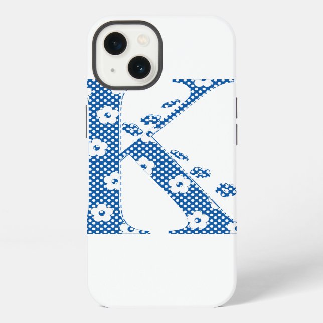 Coque iPhone alphabet fleuri K (bleu et points) (Verso)