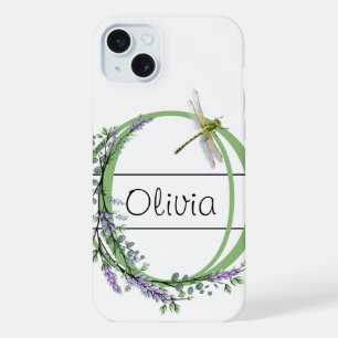 Coque iPhone 15 Plus Alphabet lettre O, aquarelle Lavender Dragonfly