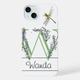 Coque iPhone 15 Plus Alphabet lettre W, aquarelle Lavender Dragonfly