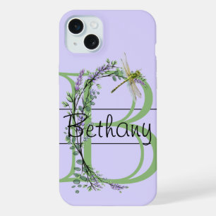Coque iPhone 15 Plus alphabet monogramme B Lavender Eucalyptus Dragonfl