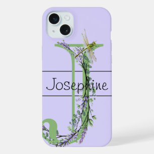 Coque iPhone 15 Plus alphabet monogramme J Lavender Eucalyptus Dragonfl