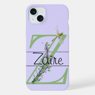 Coque iPhone 15 Plus alphabet monogramme Z Lavande Eucalyptus Dragonfly