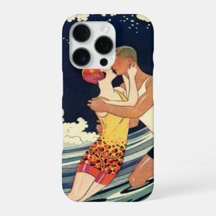 Coque iPhone 16 Pro Amants Art Déco vintage s'embrassant dans les vagu