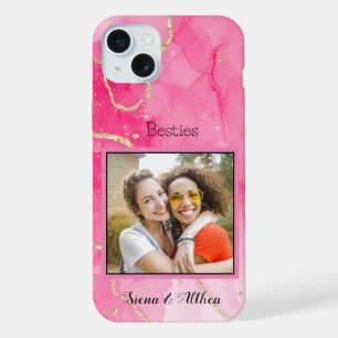 Coque iPhone 15 Plus Amis proches rose moderne Personnaliser Photo
