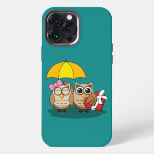 Etui iPhone 13 Pro Max Amoureux de hiboux mignons avec parapluie et boîte