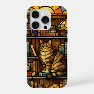 Coque iPhone 15 Pro Amoureux des livres et des chats Faux vitrail