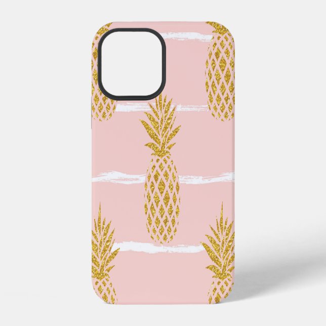 Coque iPhone Ananas doré, fond rayé d'été. (Verso)