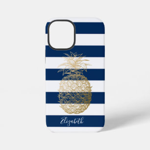 Coque iPhone 12 Mini Ananas doré personnalisé, rayures bleu marine