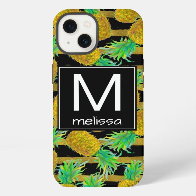Coque iPhone Ananas Dorés Sur Rayures | Monogramme (Verso)