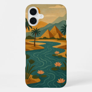 Coque iPhone 16 Plus Ancien Nil Mystique Pyramides Or Turquoise