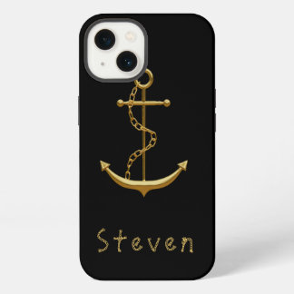 Etui iPhone 13 Ancrage or sur nom nautique noir