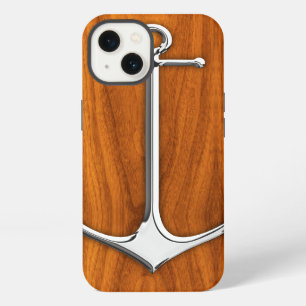 Etui iPhone 13 Ancre argentée sur décor de style nautique en plac