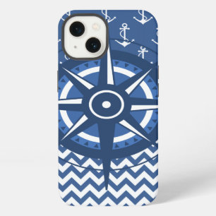 Etui iPhone 13 Ancre bleu et blanc nautique et Motif Chevron