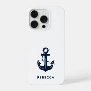 Coque iPhone 15 Pro Ancre bleue marine nautique moderne personnalisée