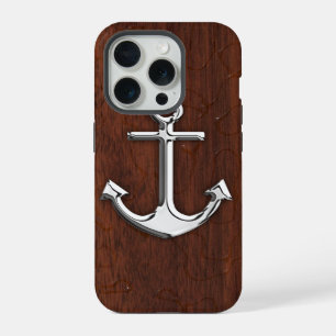 Coque iPhone 15 Pro Ancre Chrome sur Impression d'Acajou Humide