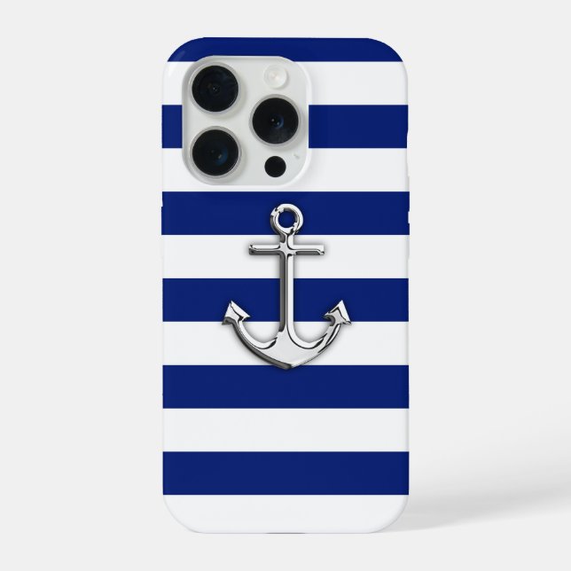 Coque iPhone Ancre Chrome sur Rayures Nuit (Verso)