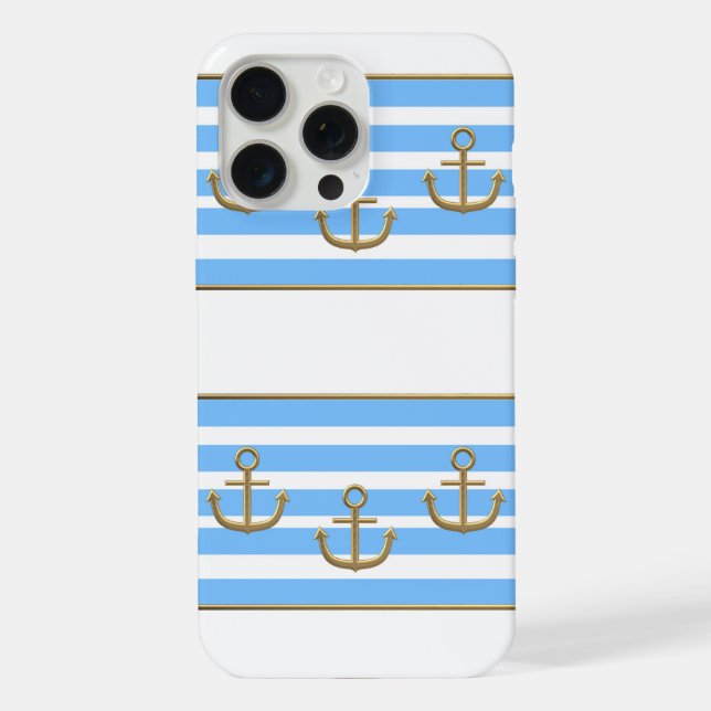 Coque iPhone ancre dorée fond bleu blanc (Verso)