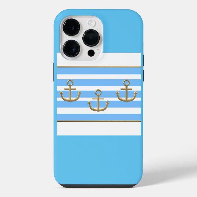 Coque iPhone ancre dorée fond bleu blanc (Verso)