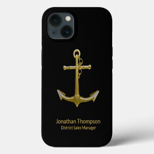 Etui iPhone 13 Ancre dorée nautique élégante sur fond noir