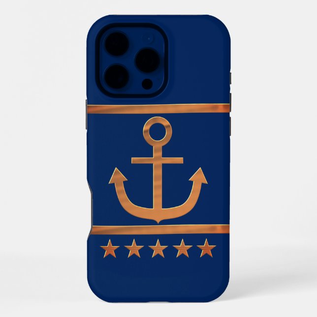 Coque iPhone ancre dorée sur fond bleu marine (Verso)