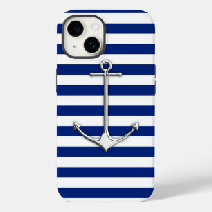 Coque Pour iPhone 14 Ancre fine de style Chrome sur bandes bleues
