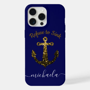 Coque iPhone 15 Pro Max Ancre Gold faux scintille bleu marine Nom du monog