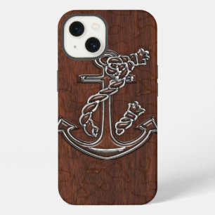 Etui iPhone 13 Ancre nautique en acajou humide en acier