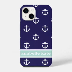 Coque Pour iPhone 14 Ancres bleu marine et menthe monogramme