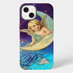 Etui iPhone 13 ANGE MOON EN BLEU PAILLETES D'OR Monogramme