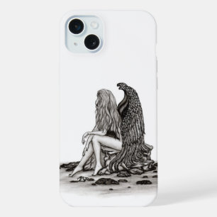 Coque iPhone 15 Plus Ange , perdu dans ses pensées , conception noir et