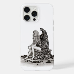Coque iPhone 15 Pro Max Ange , perdu dans ses pensées , conception noir et