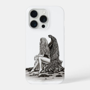 Coque iPhone 15 Pro Ange , perdu dans ses pensées , conception noir et